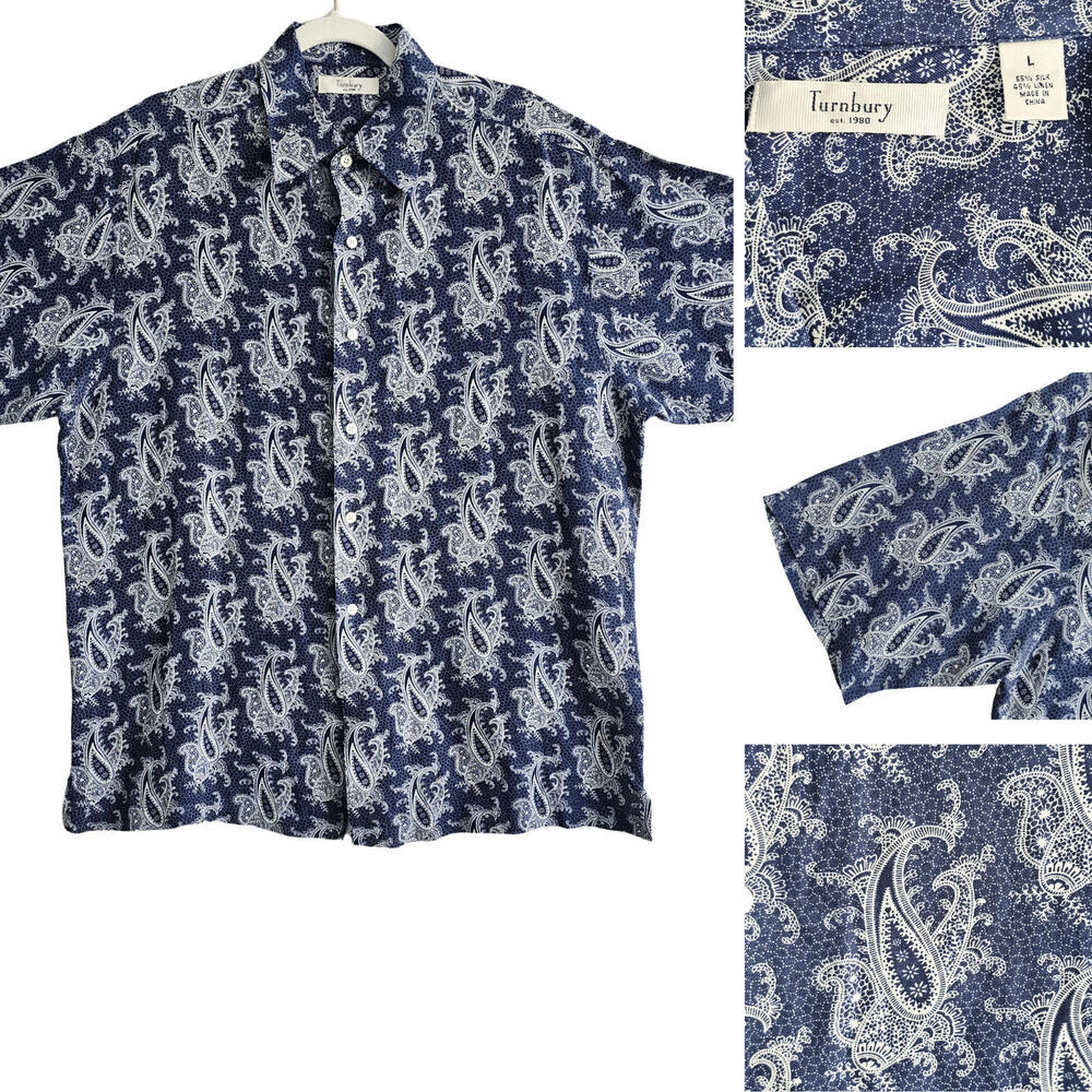 Turnbury Mens Shirt Large Silk/Linen Blend Navy w/ White Paisleys Button Front